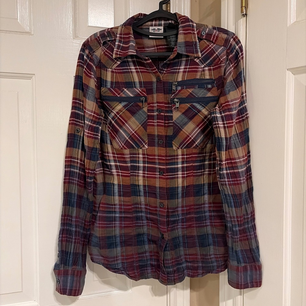 Harley Davidson Womens Plaid Button Up Shirt Small Zipper Pocket Graphic
